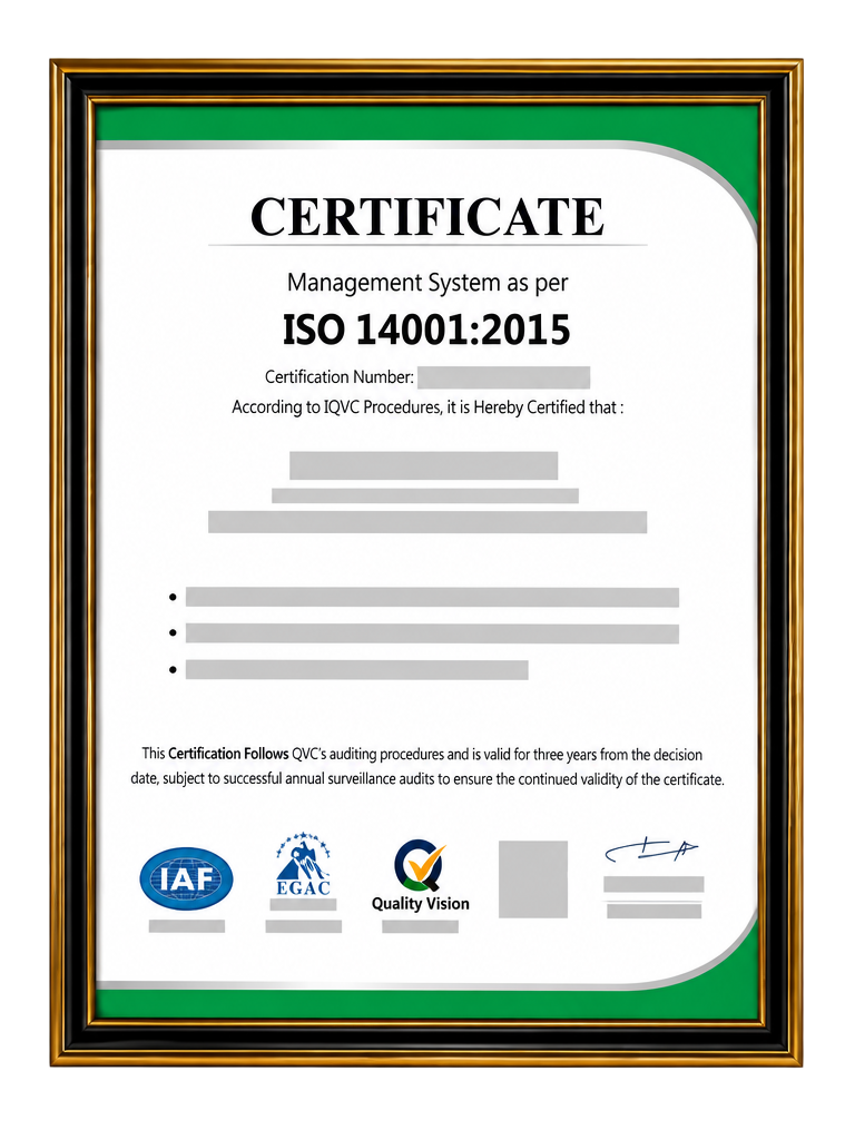 نموذج توضيحي لشهادة ISO 14001:2015 — بيانات الشركة محجوبة