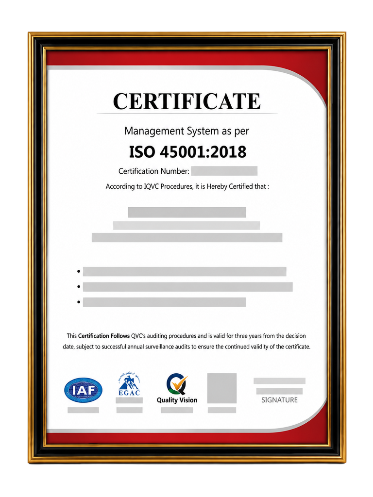 نموذج توضيحي لشهادة ISO 45001:2018 — بيانات الشركة محجوبة
