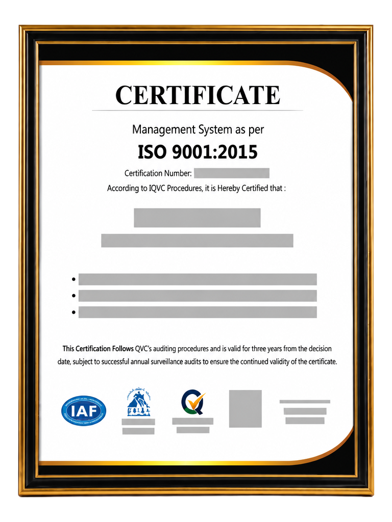 نموذج توضيحي لشهادة ISO 9001:2015 — بيانات الشركة محجوبة